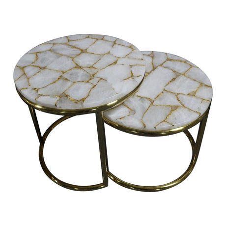 Infinity White Quartz and Gold Leaf Nestling Table Set with Gold Metal Frame, Cocolea, , ,