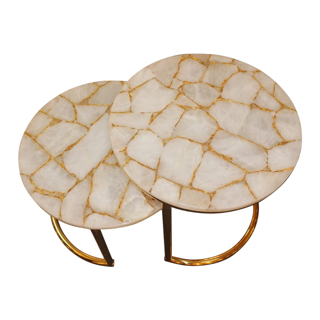 Infinity White Quartz and Gold Leaf Nestling Table Set with Gold Metal Frame, Cocolea, , ,