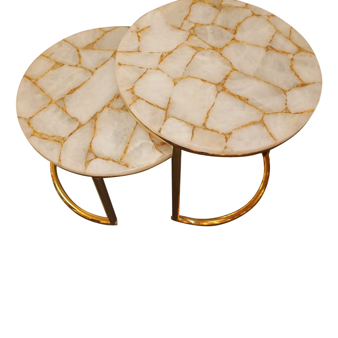 Infinity White Quartz and Gold Leaf Nestling Table Set with Gold Metal Frame, Cocolea, , ,
