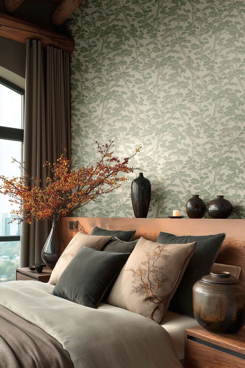Rococo wallpaper in Green / White by Natty & Polly, full pattern view