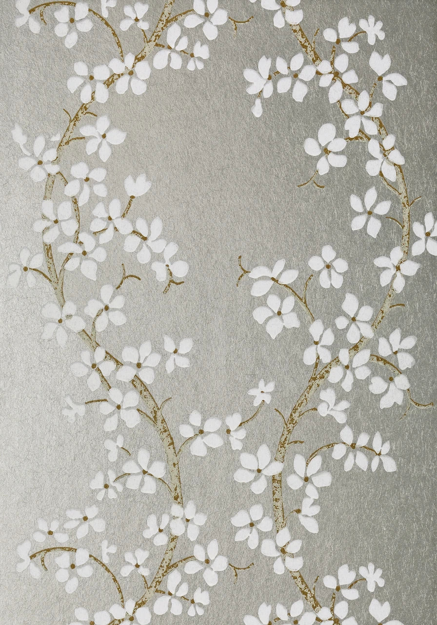 St. Albans Grove wallpaper in Metallic Silver / White by Natty & Polly, close-up of the pattern and texture