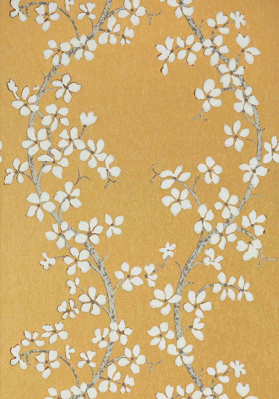 St. Albans Grove wallpaper in Metallic Gold by Natty & Polly, close-up of the pattern and texture