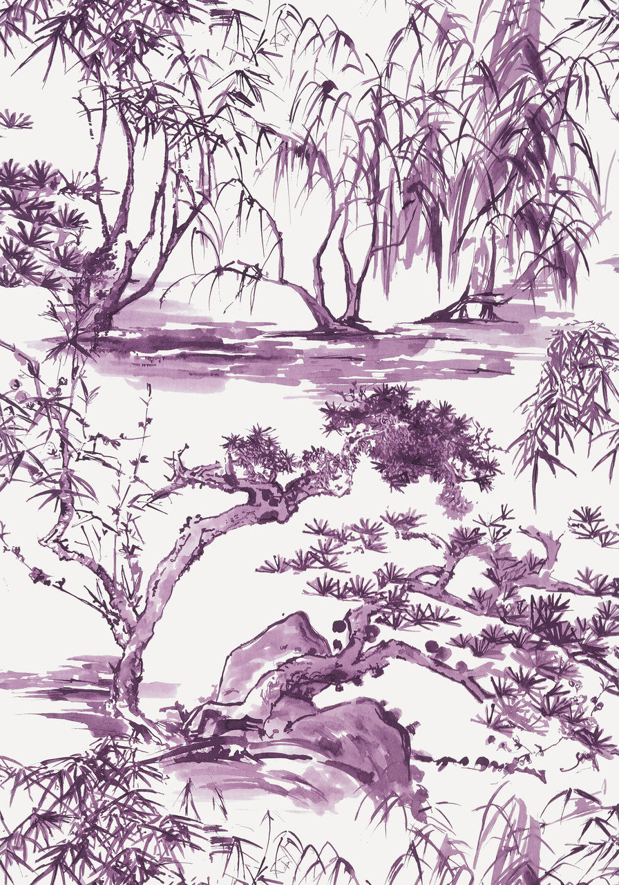 Kyoto wallpaper in Eggplant by Natty & Polly, close-up of the pattern and texture