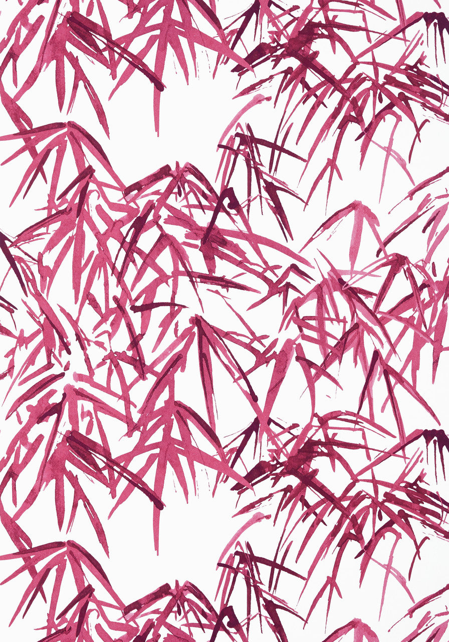 Kyoto Leaves wallpaper in Fuchsia by Natty & Polly, close-up of the pattern and texture