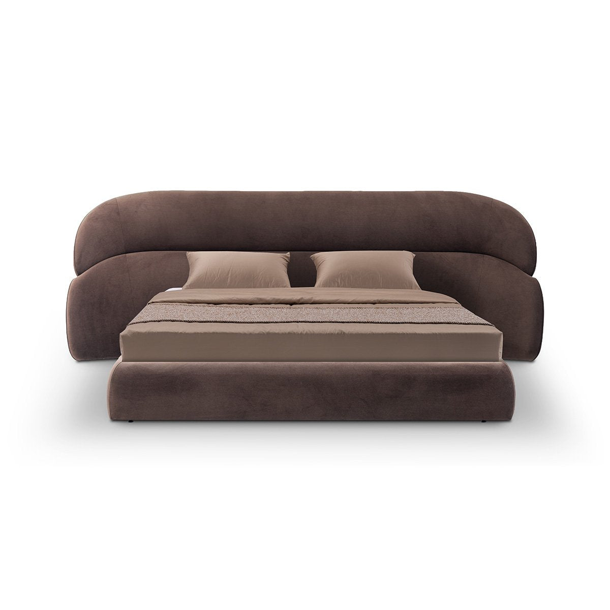 Maison Debrah Abrasse curved upholstered king bed in chocolate fabric and black velvet