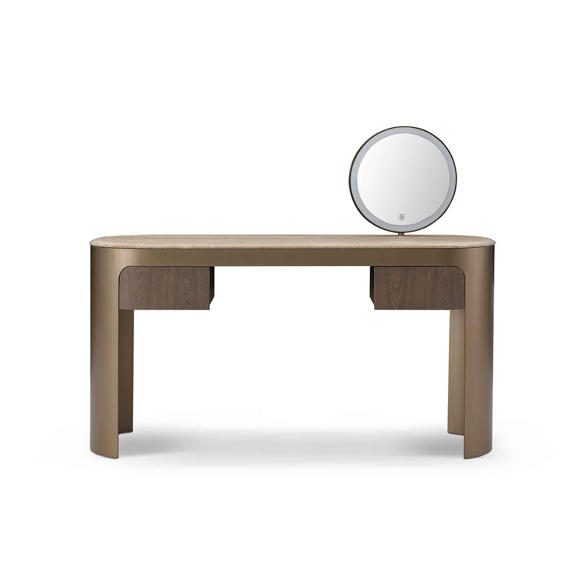 Solin Travertine Dressing Console with Illuminated Round Mirror & Brass, Maison Debrah, , ,