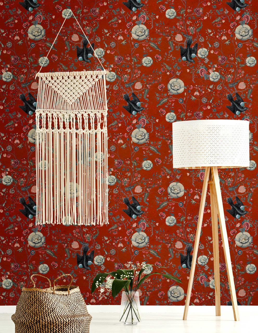 Black Bird wallpaper in Red by Natty & Polly, full pattern view