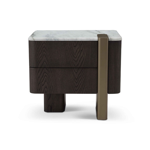 Serin White Marble Nightstand in Dark Grey Elm with Brass Accent Leg, Maison Debrah, , ,
