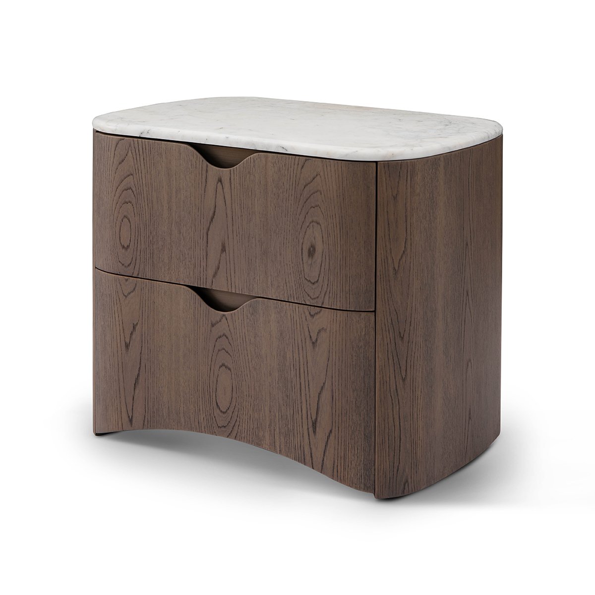 Maison Debrah Calmène marble-topped elm nightstand with two drawers and wave-shaped pulls — view 2