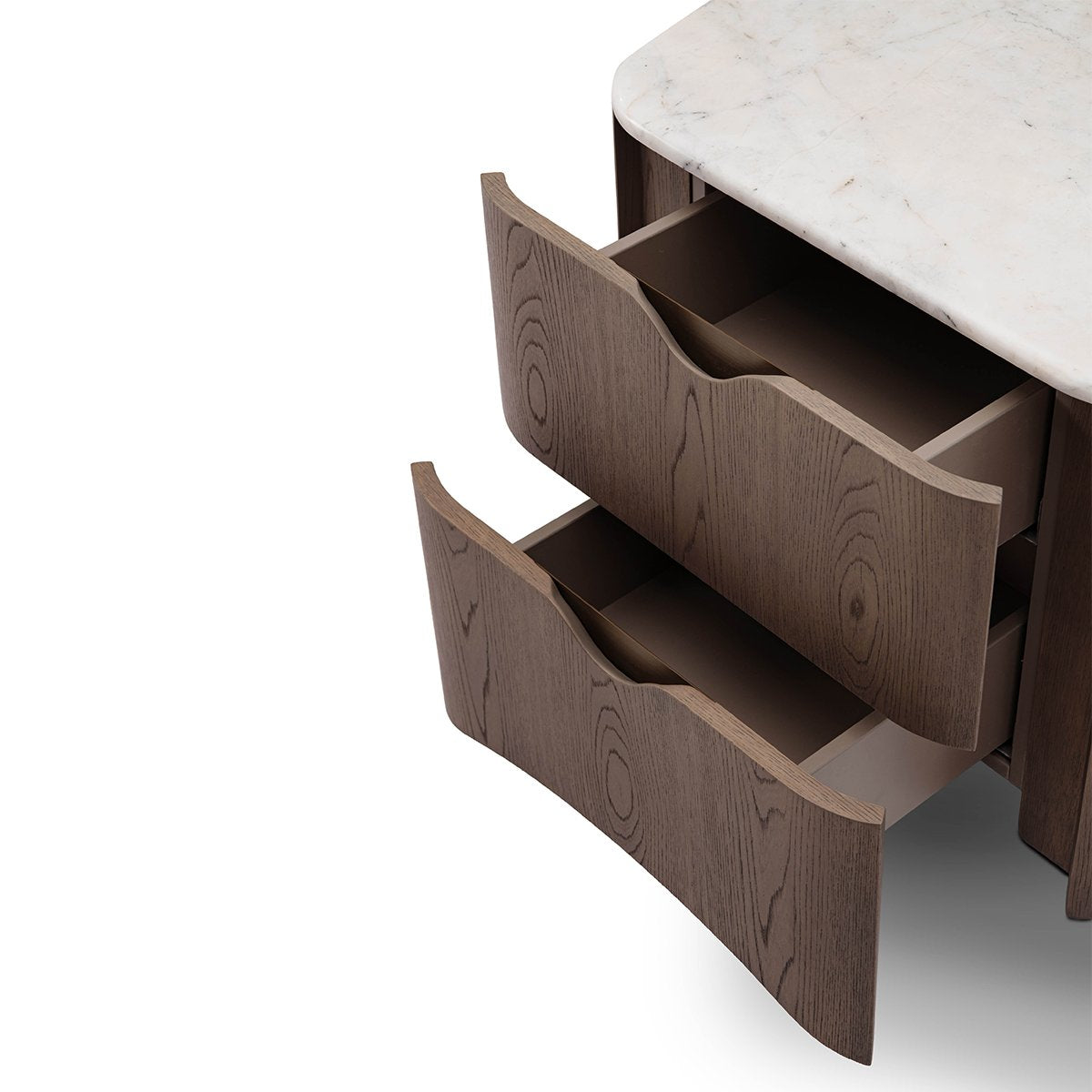 Maison Debrah Calmène marble-topped elm nightstand with two drawers and wave-shaped pulls — view 3