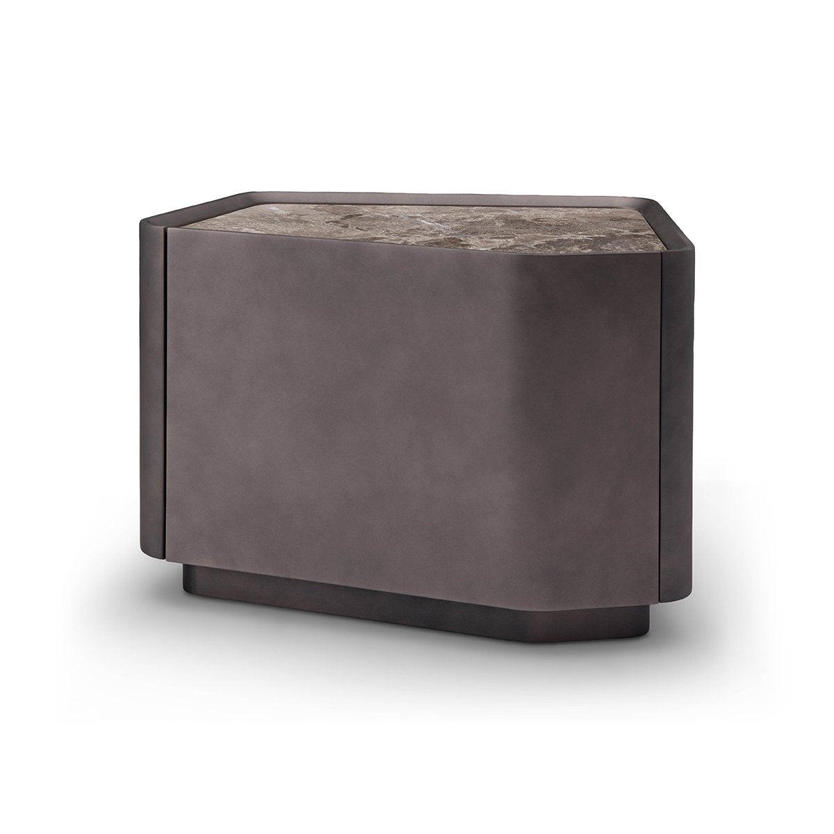 Maison Debrah Facène nightstand with leathered brown marble top and angled grey faceted body