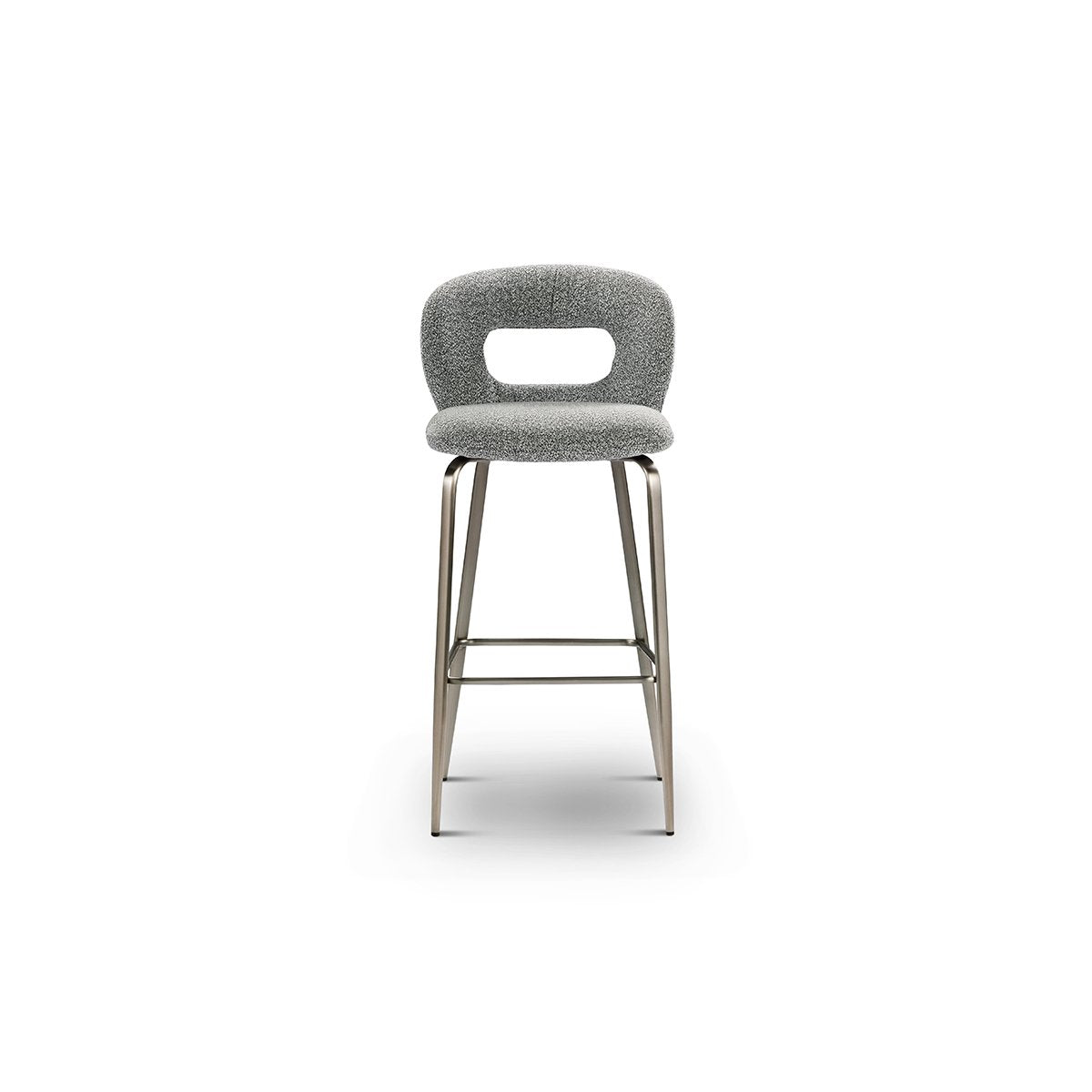 Maison Debrah Estrin grey bouclé bar chair with open-back cutout and brushed bronze frame