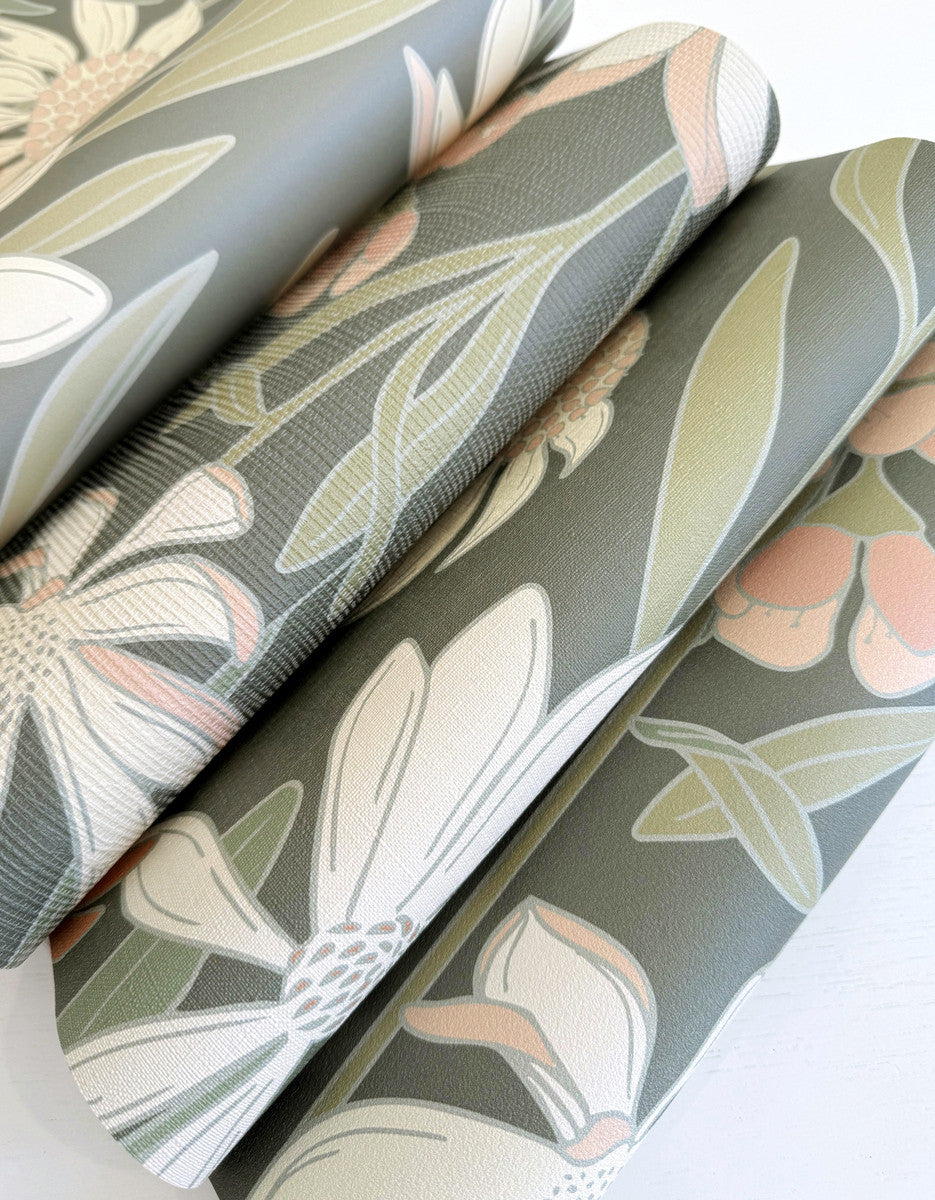 Bushwalk wallpaper mural in Moss by Natty & Polly, Australian native flora and fauna, design detail