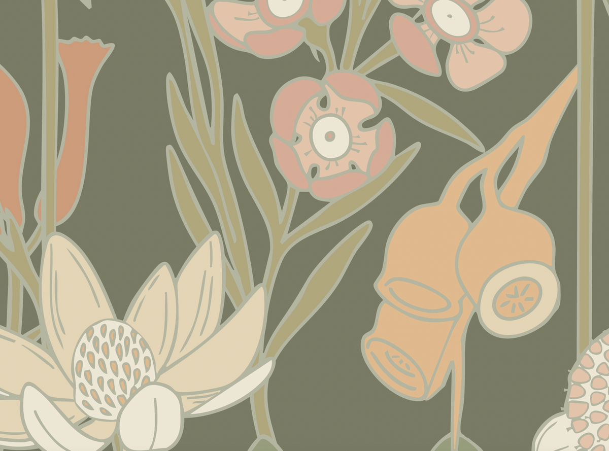 Bushwalk wallpaper mural in Moss by Natty & Polly, Australian native flora and fauna, full mural view