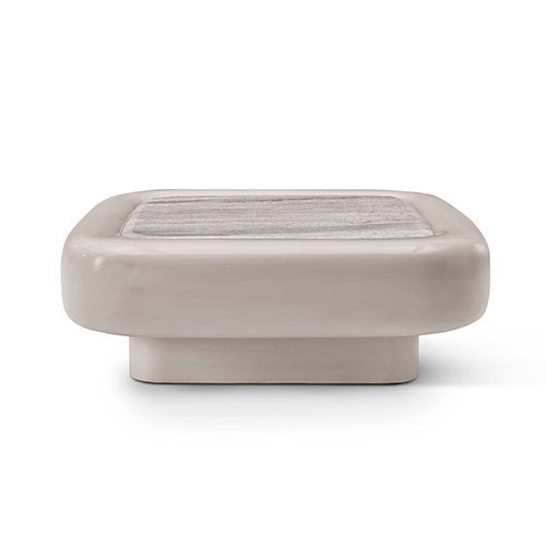 Maison Debrah Travin square coffee table in khaki gloss lacquer with inset travertine top — view 2