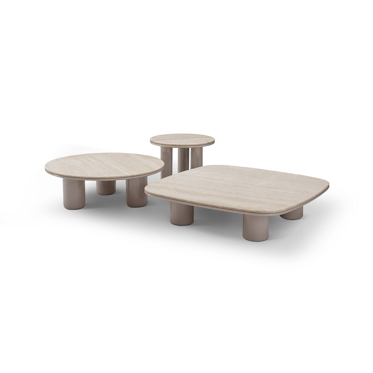 Maison Debrah Elyon low coffee table with matte white travertine top on khaki high-gloss base — view 2