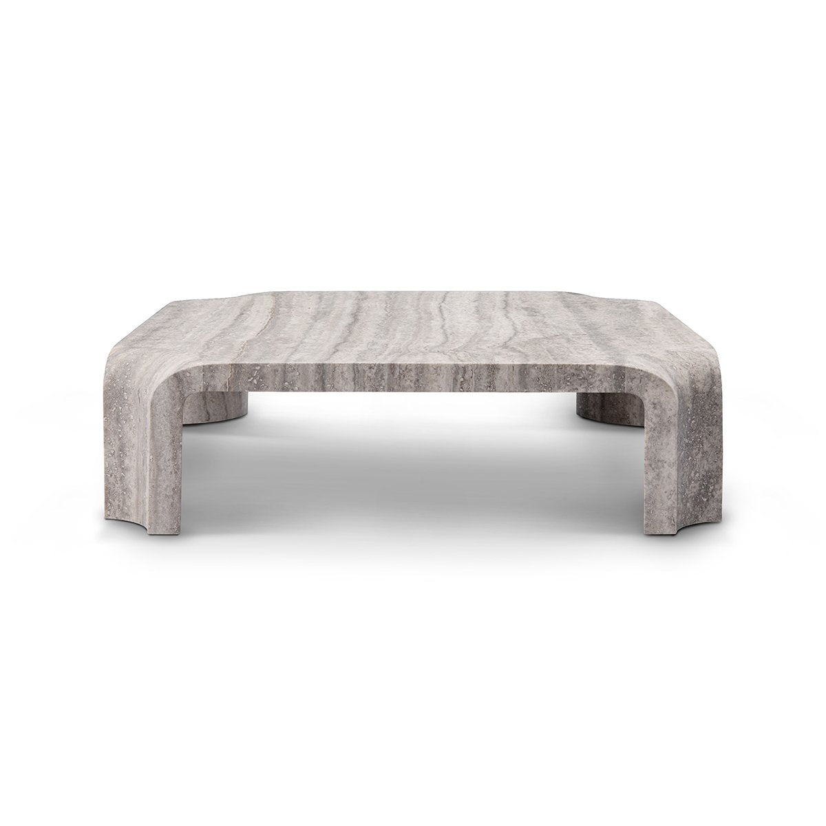 Maison Debrah Graven set of two silver grey travertine tables with rounded corners