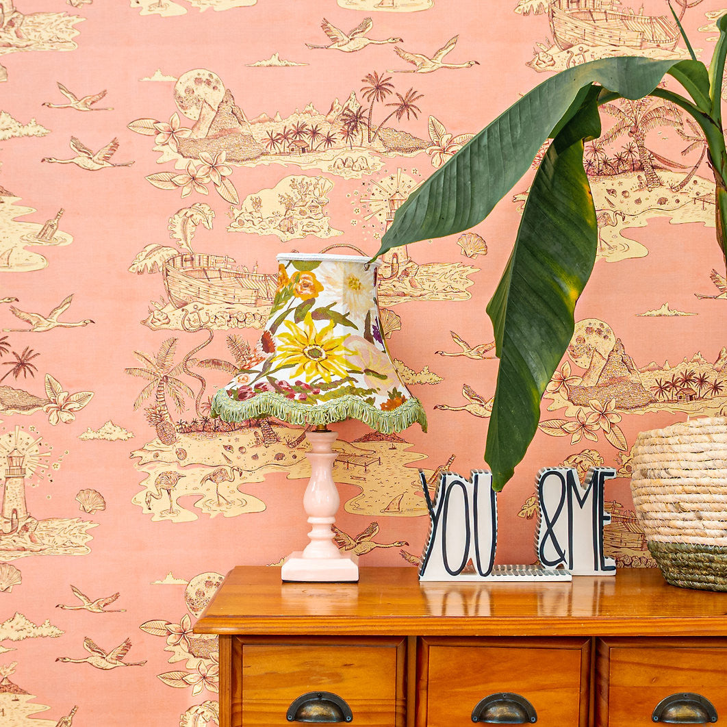 Castaway wallpaper in Coral by Natty & Polly, styled in an interior
