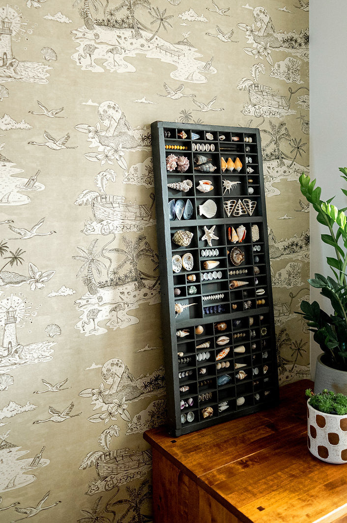 Castaway wallpaper in Greige by Natty & Polly, styled in an interior