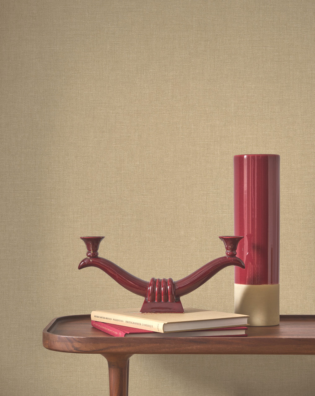 Caractère wallpaper in Clay by Natty & Polly, styled in a living room