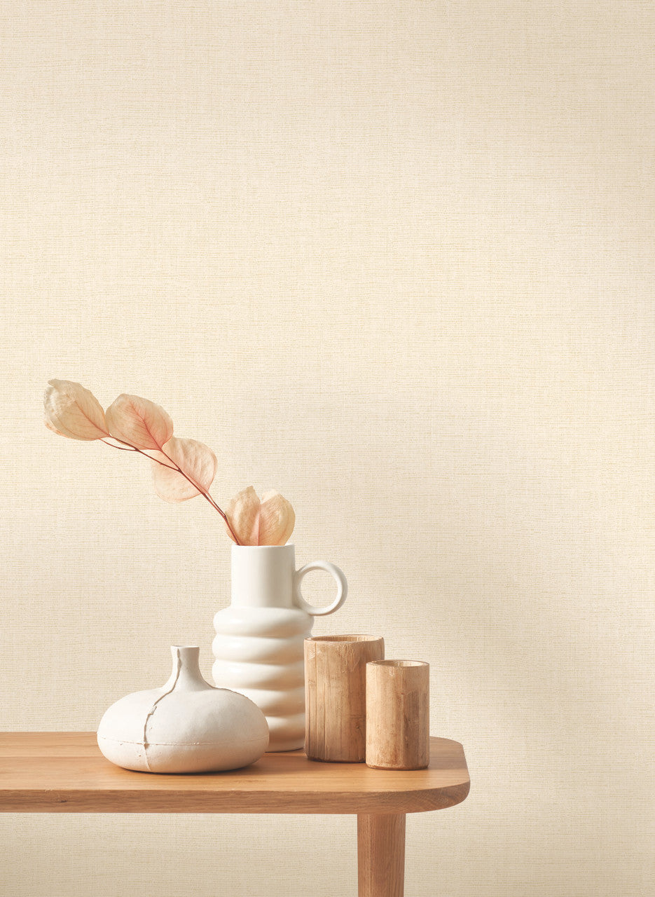 Caractère wallpaper in Beige Cream by Natty & Polly, styled in a living room