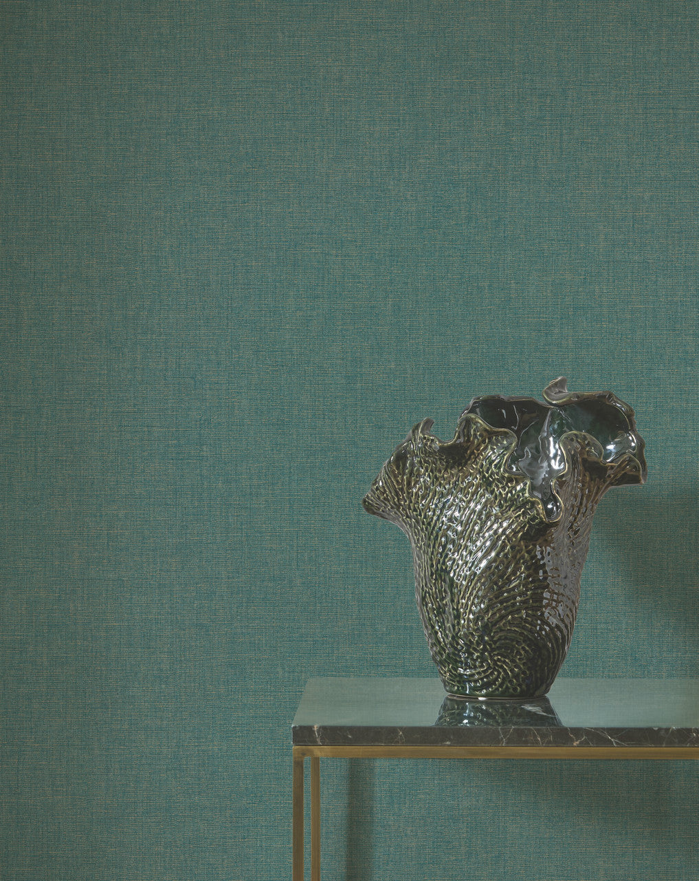 Caractère wallpaper in Peacock by Natty & Polly, styled in a living room