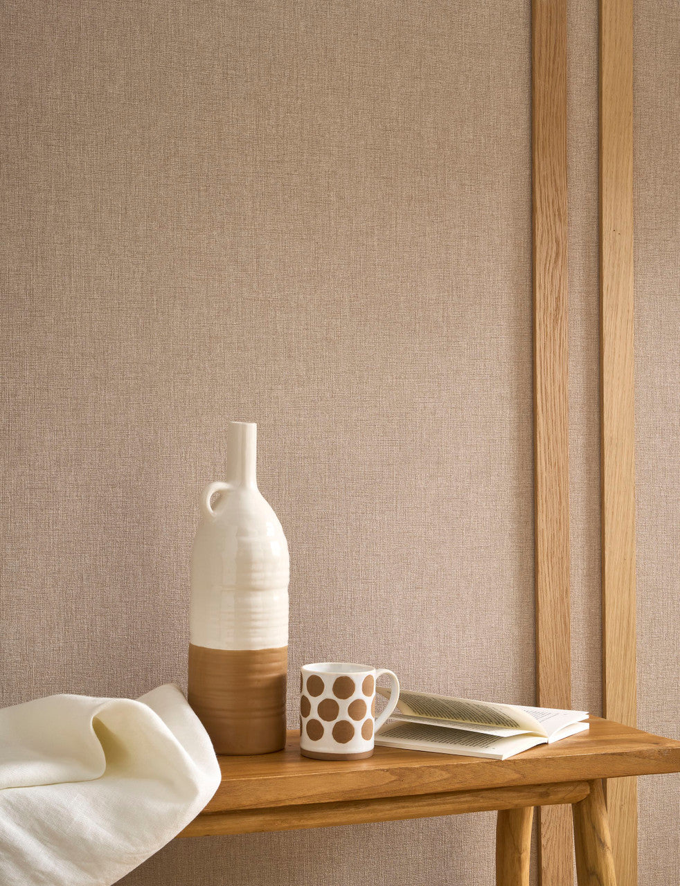 Caractère wallpaper in Hemp by Natty & Polly, styled in a living room