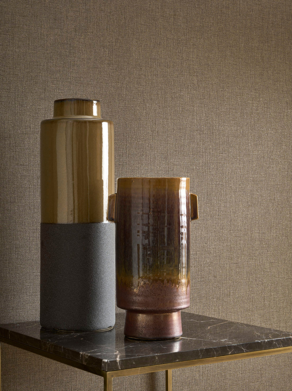 Caractère wallpaper in Chestnut by Natty & Polly, styled in a living room