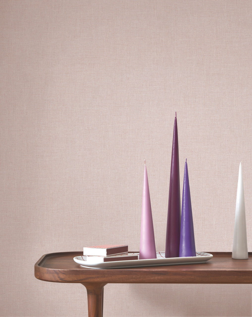 Caractère wallpaper in Soft Lilac by Natty & Polly, styled in a living room