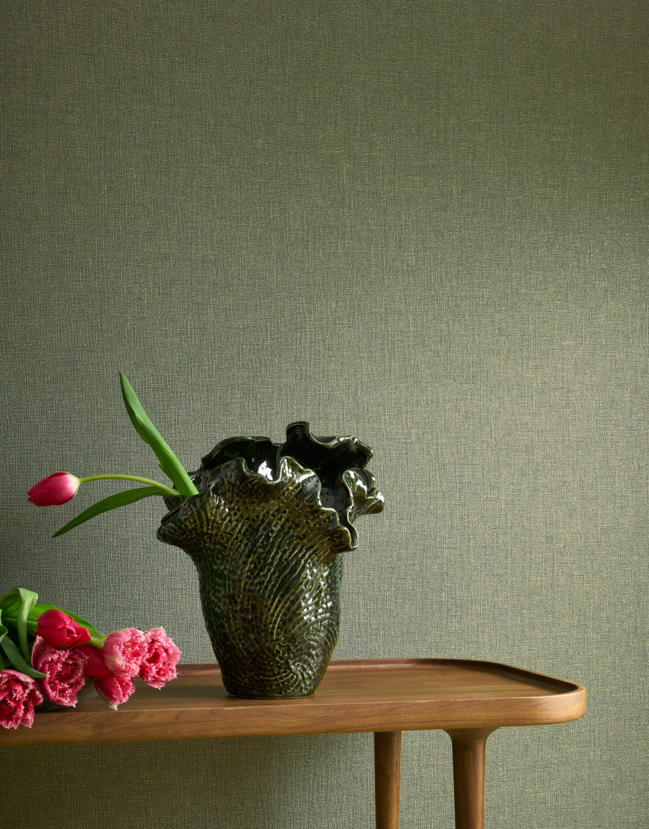 Caractère wallpaper in Nile Green by Natty & Polly, styled in a living room