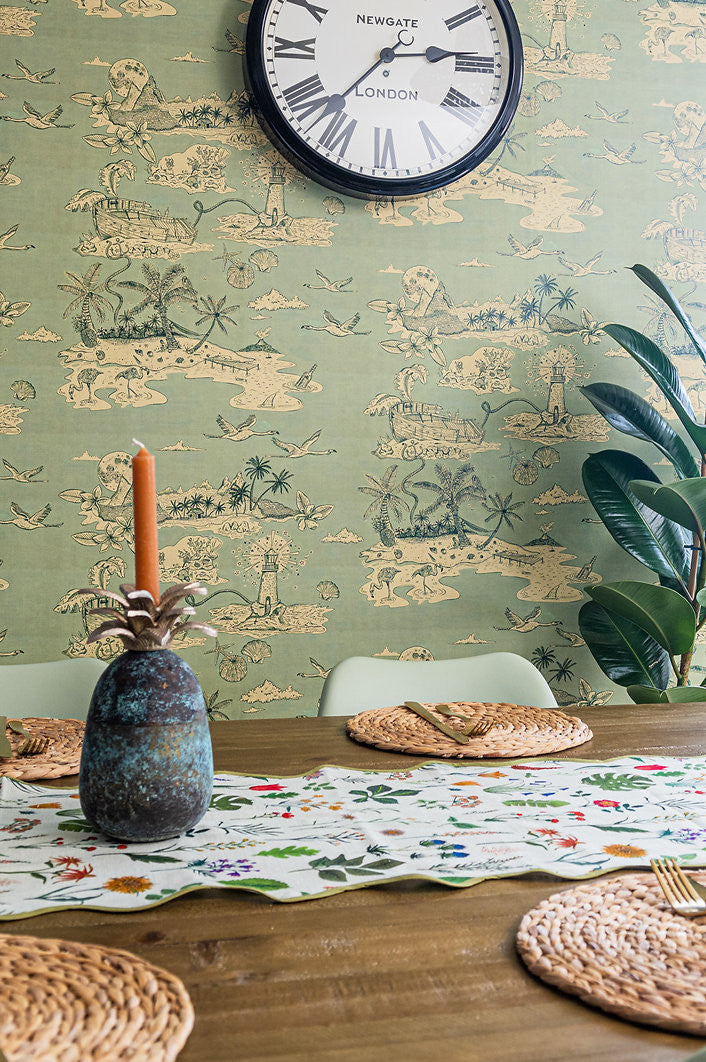 Castaway wallpaper in Sage Green by Natty & Polly, full pattern view