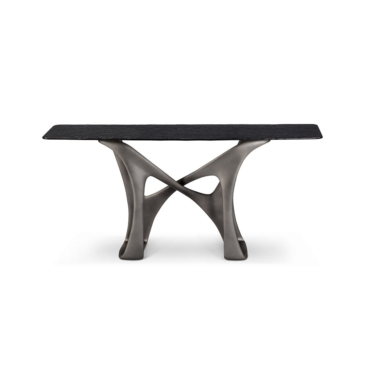 Maison Debrah Drevanne console table with grey molten glass top on sculpted dual-tone base