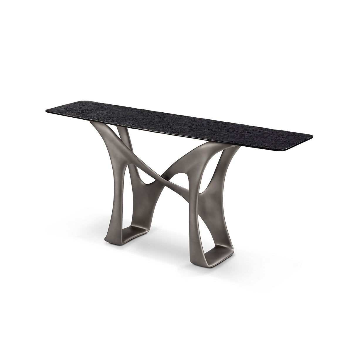 Maison Debrah Drevanne console table with grey molten glass top on sculpted dual-tone base — view 2