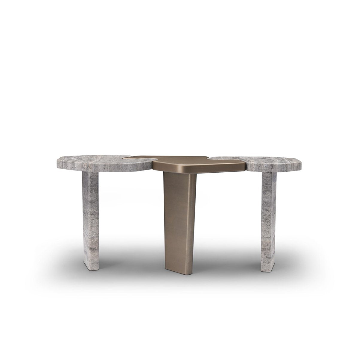 Maison Debrah Varlen console table in grey travertine with central brass lacquer top and leg
