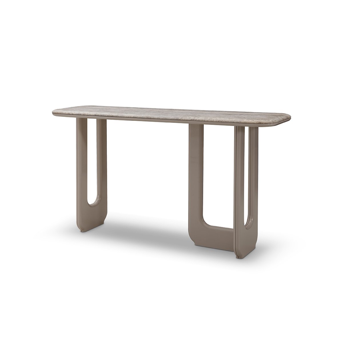 Maison Debrah Brisen silver-grey travertine console table on khaki lacquer blade legs — view 2