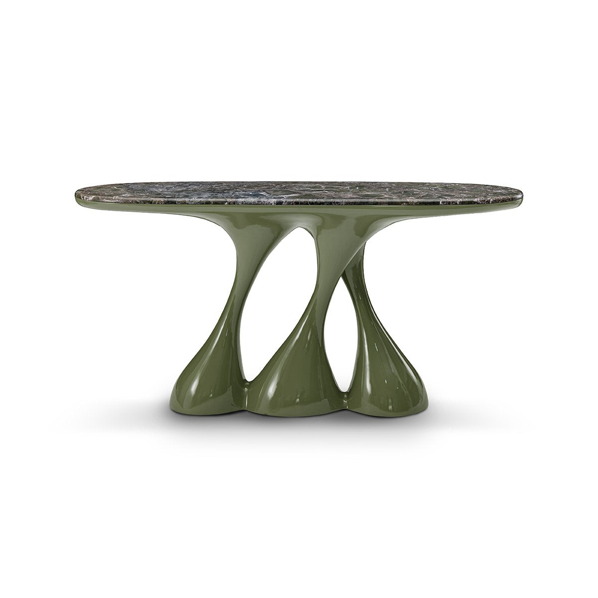 Maison Debrah Sylven green marble console table on a sculpted olive gloss lacquer base