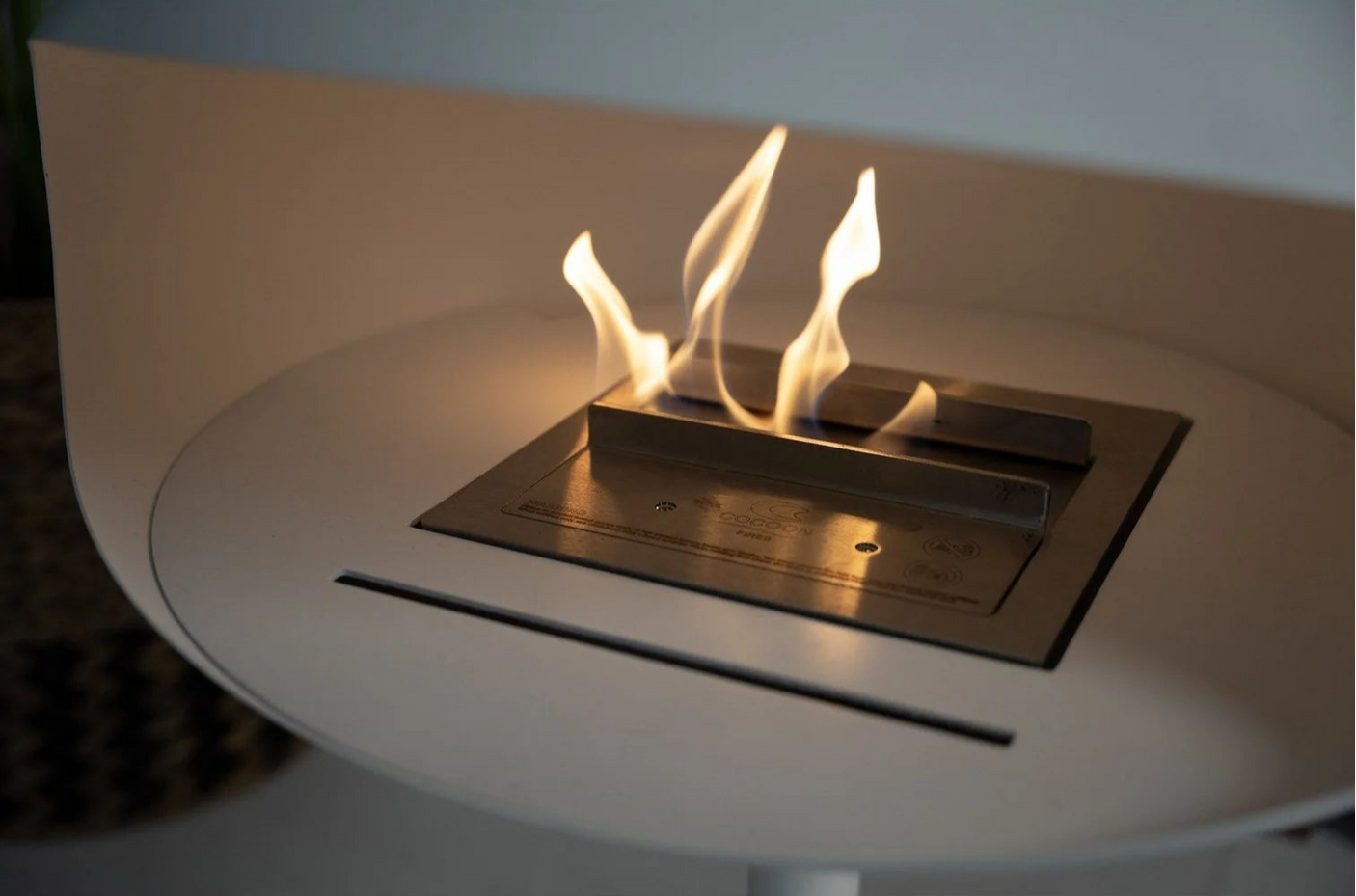 Cocoon Aeris Hanging Ethanol Fireplace – Matt White with White Angled Hanging Pole, Cocolea, , ,