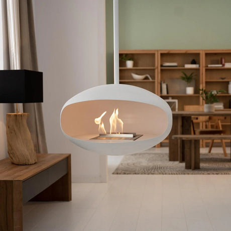 Cocoon Aeris Hanging Ethanol Fireplace – Matt White with White Angled Hanging Pole, Cocolea, , ,