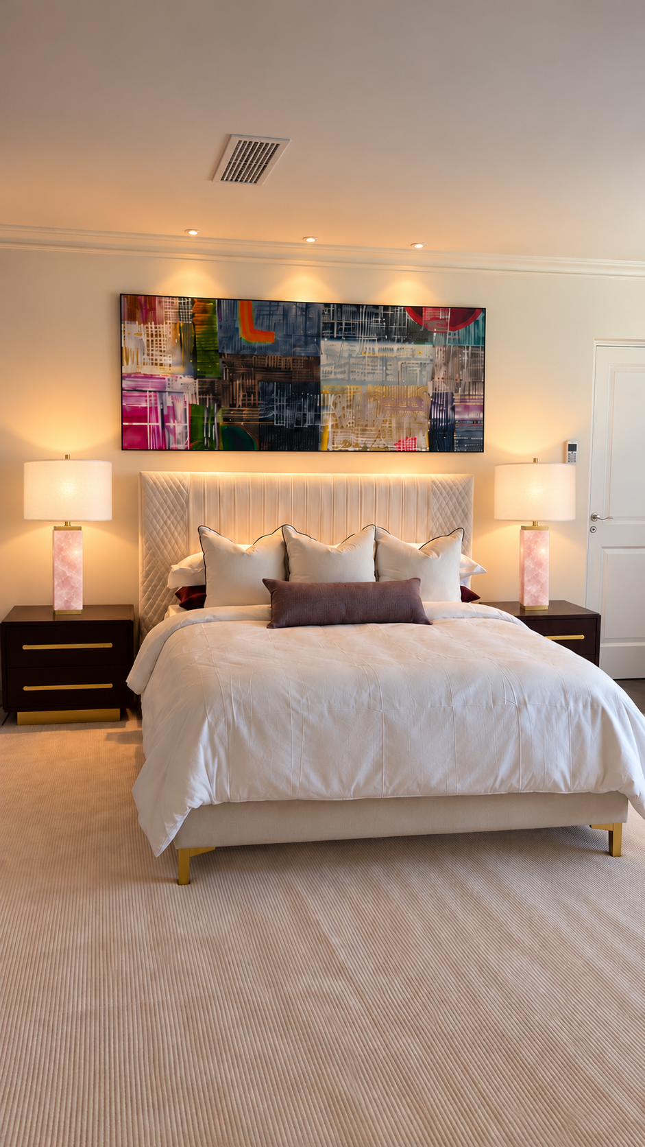A pair of rose quartz Serra table lamps styled on bedside tables in a cream bedroom