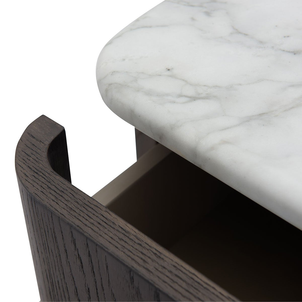 Maison Debrah Oragon low cabinet with white marble top, dark grey elm body and brass leg — view 3