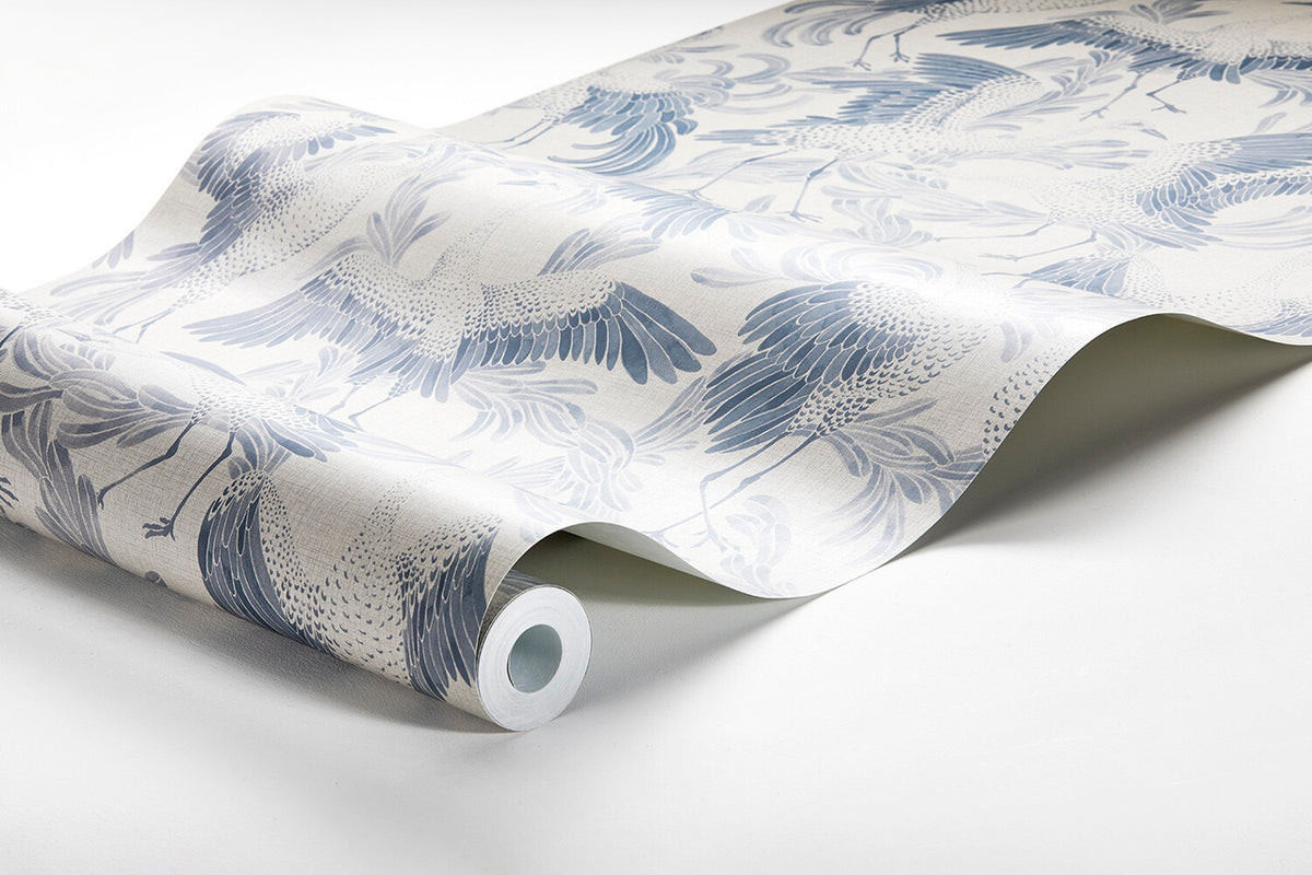 Dancing Crane wallpaper in Ink Blue / Ivory by Natty & Polly, full pattern view