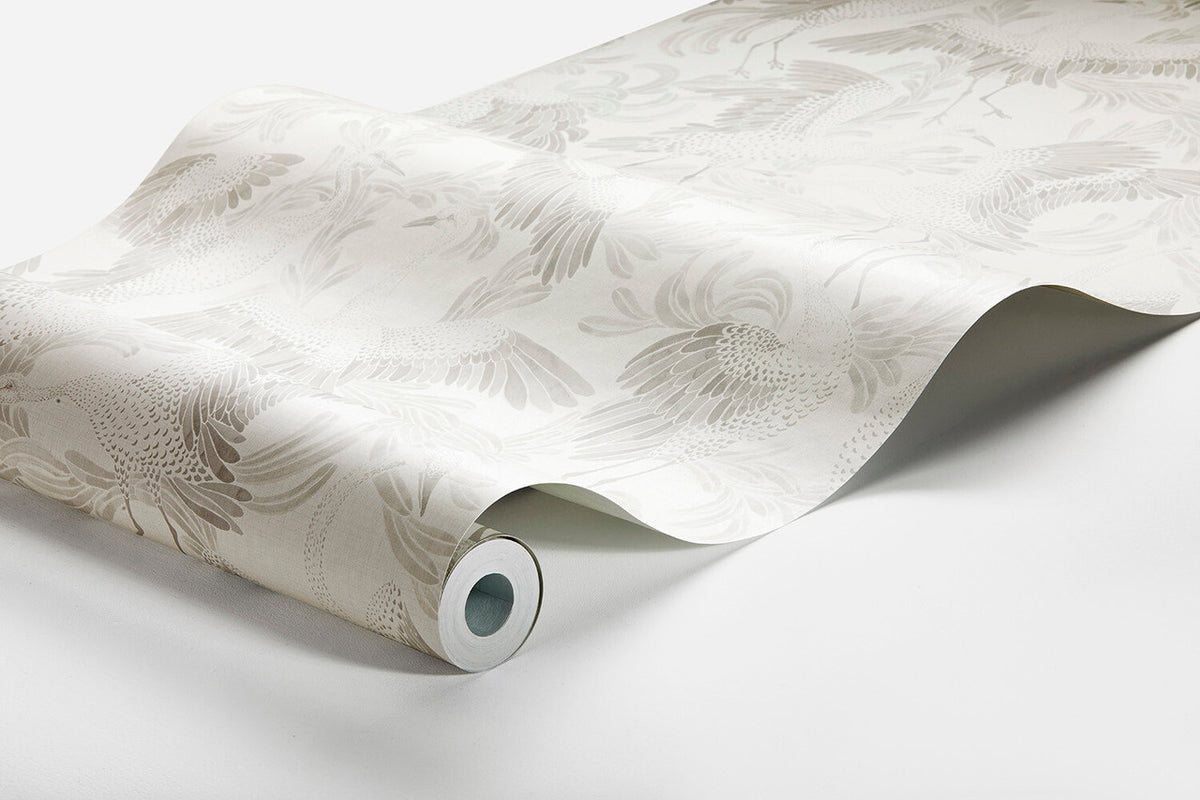 Dancing Crane wallpaper in White / Neutrals by Natty & Polly, full pattern view