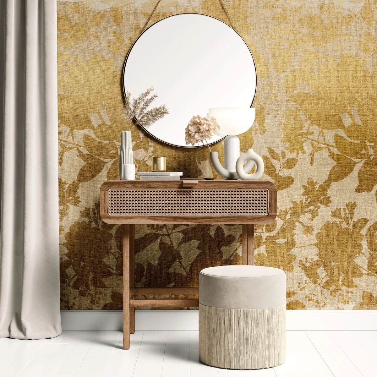 Moonlight wallpaper mural in Gold by Natty & Polly, styled in an interior
