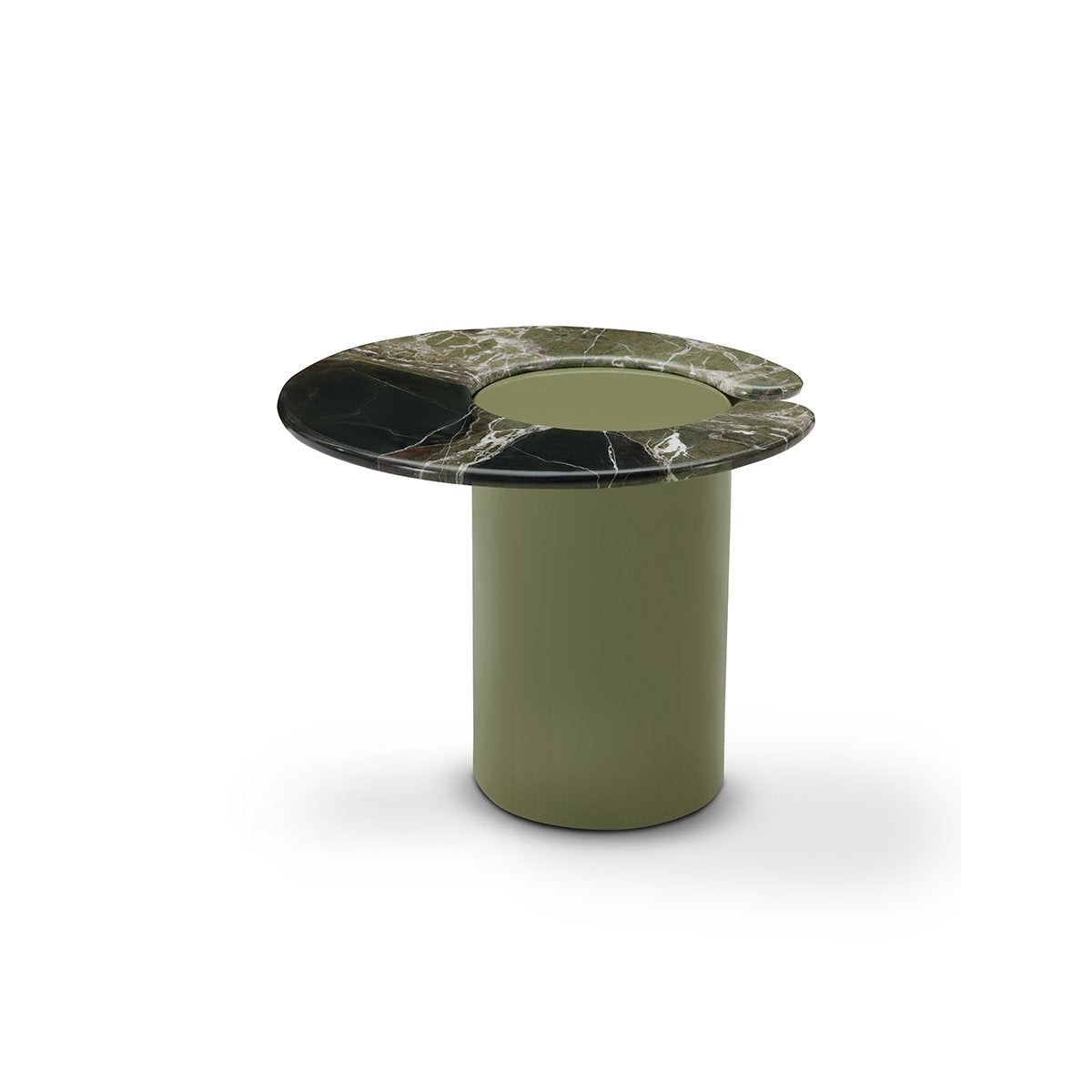 Maison Debrah Astren round green marble side table offset on olive green gloss cylinder base