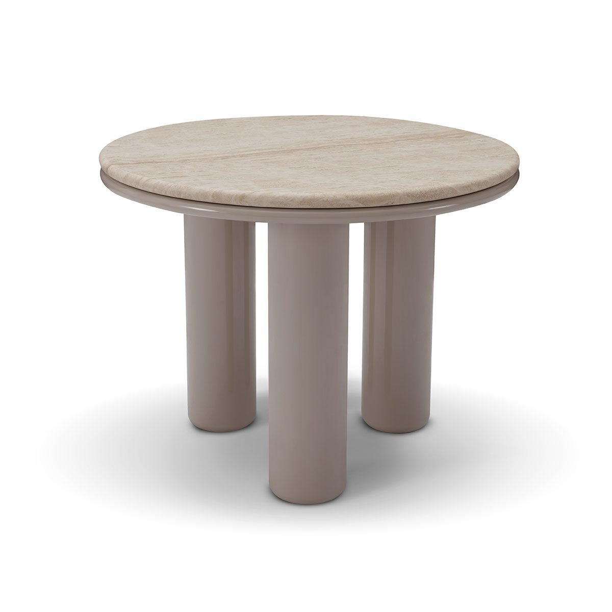Maison Debrah Torvo round white travertine side table on an olive green gloss pedestal