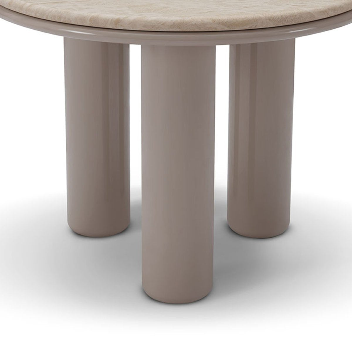 Maison Debrah Torvo round white travertine side table on an olive green gloss pedestal — view 2