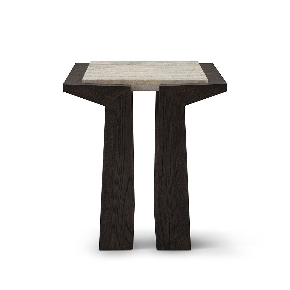 Maison Debrah Varek side table with matte silver-grey travertine top and dark grey elm legs