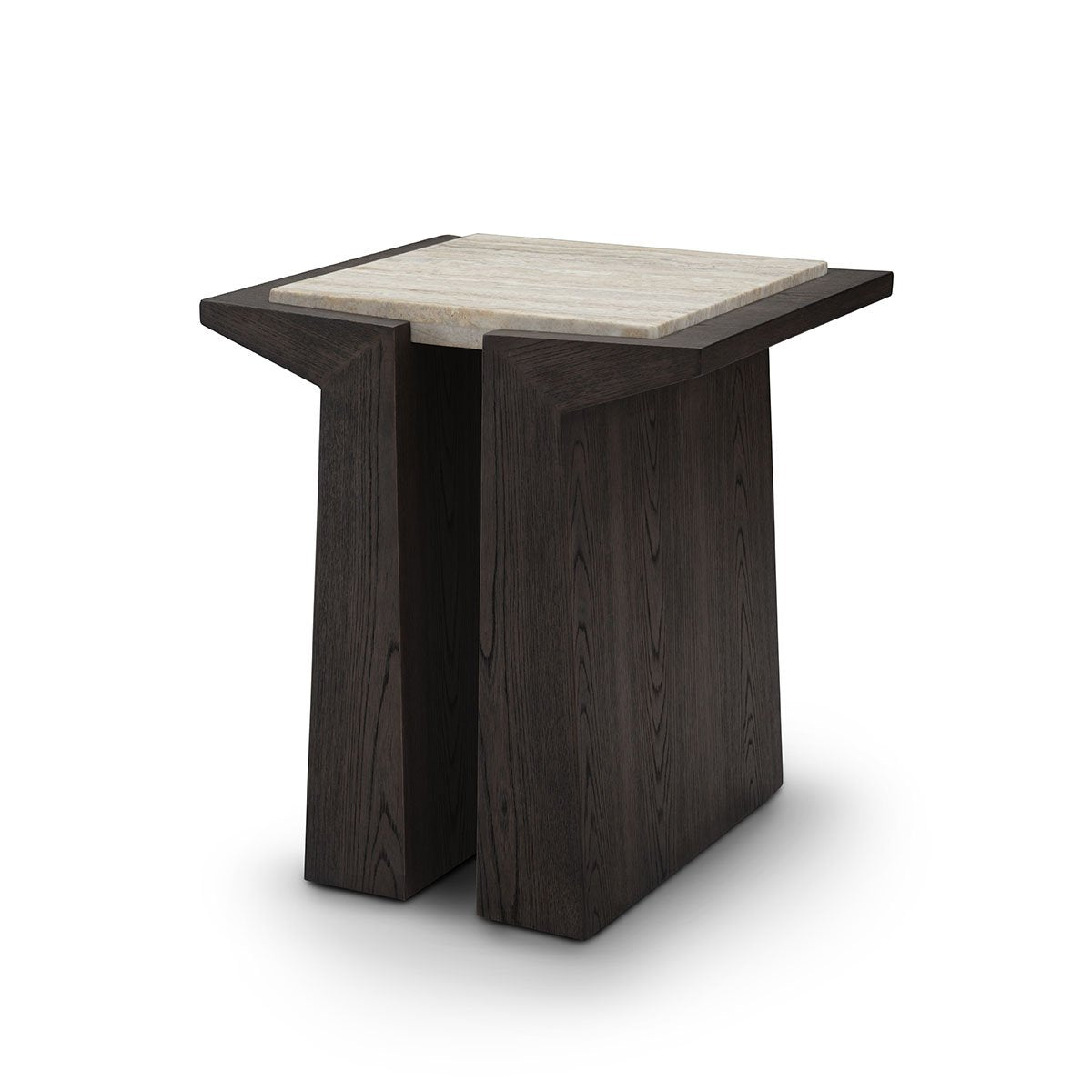 Maison Debrah Varek side table with matte silver-grey travertine top and dark grey elm legs — view 2