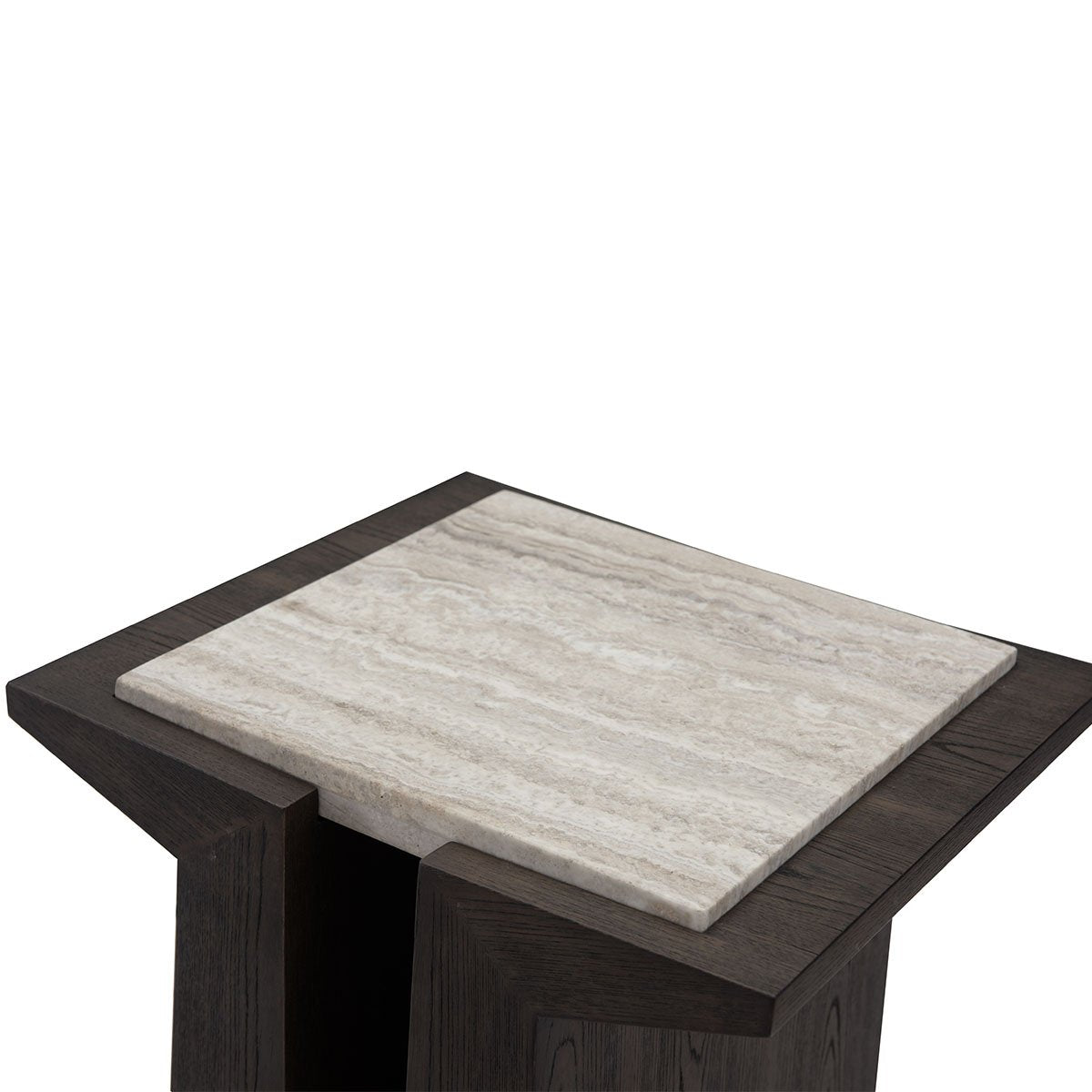 Maison Debrah Varek side table with matte silver-grey travertine top and dark grey elm legs — view 3