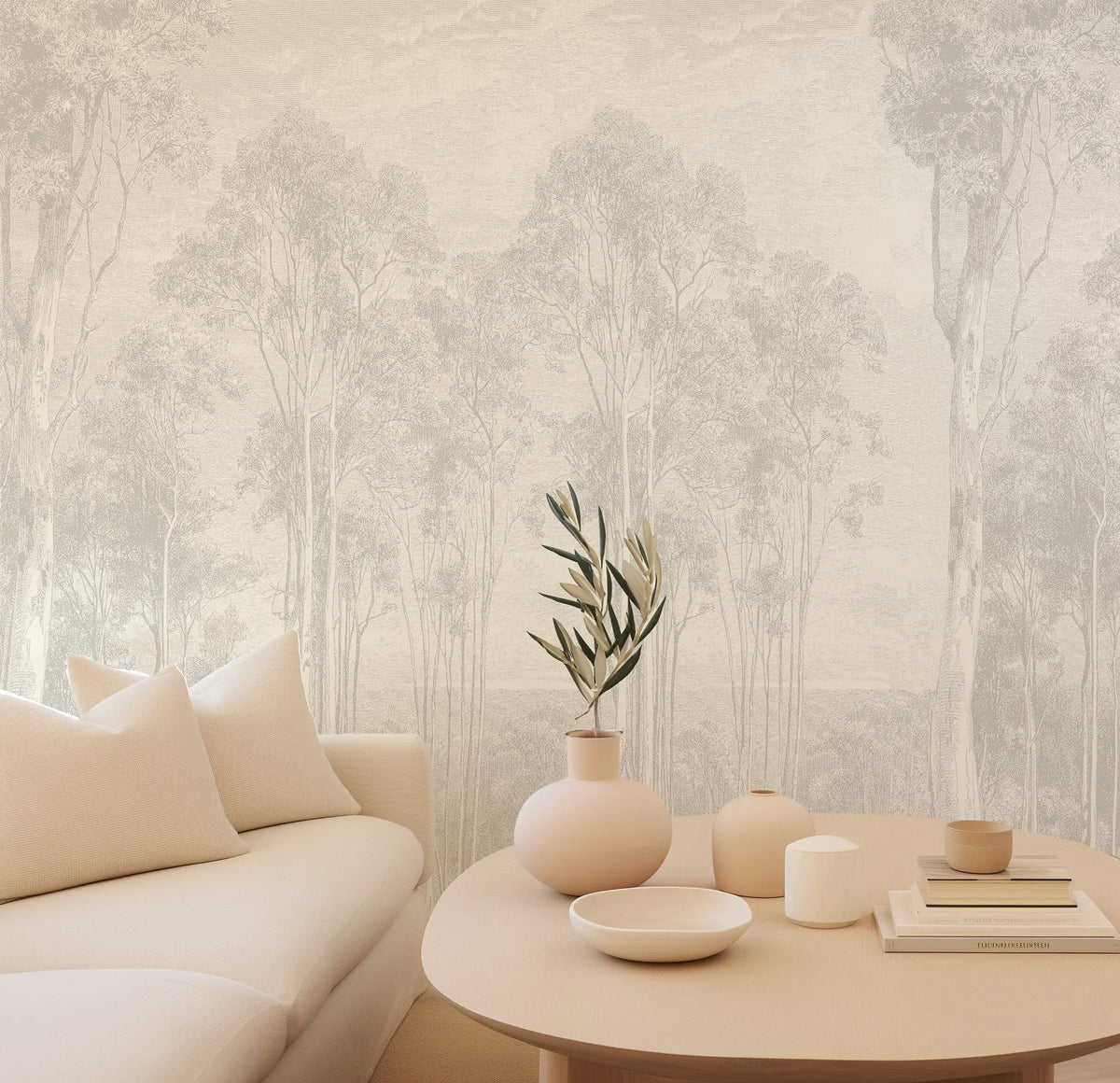 Printed wall mural example: Eucalyptus Trees by Olive et Oriel in a living room
